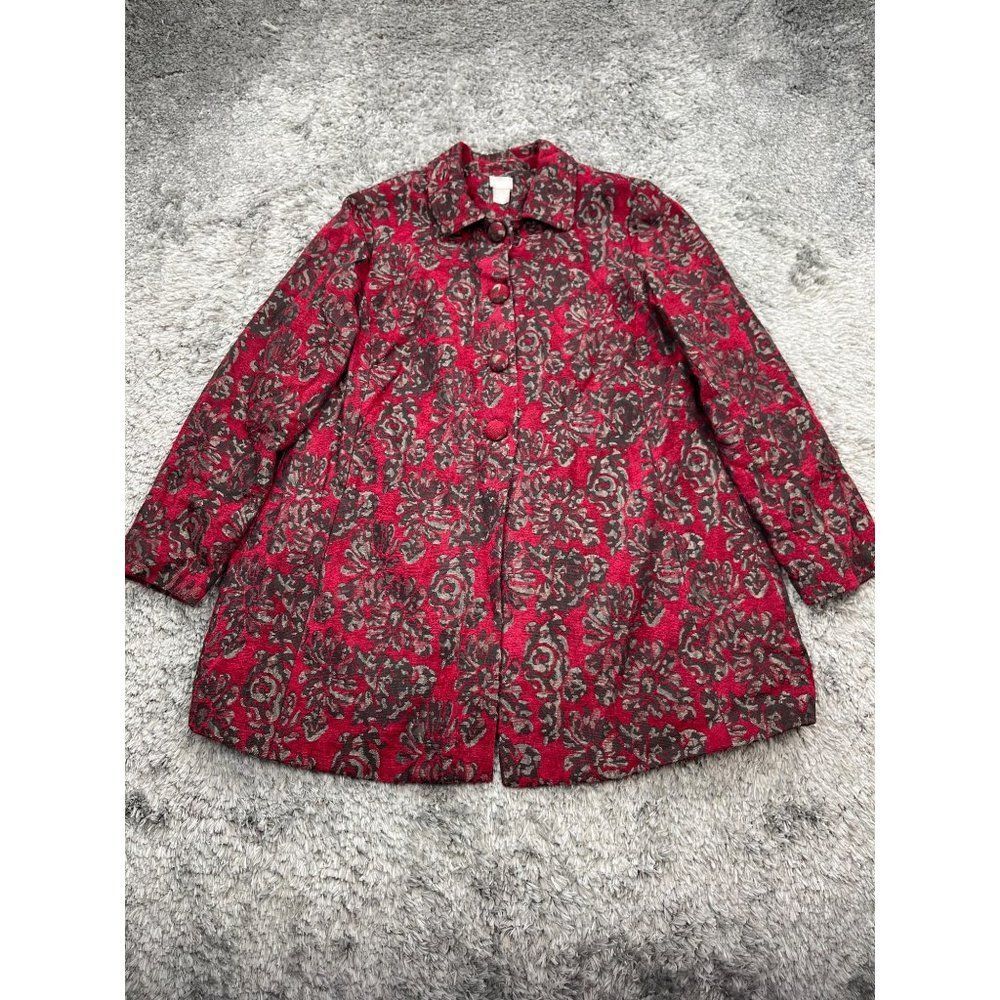 Chicos Blazer Womans 8/10 Red Floral Rayon Brocade Long Jacket Jacquard Coat